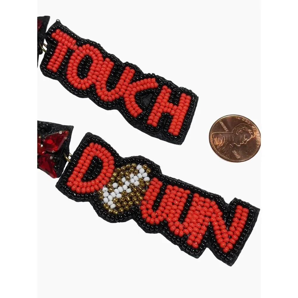 Novelty Football Earrings Beaded Touch Down Dangles Red Rhinestones Sporty Funky